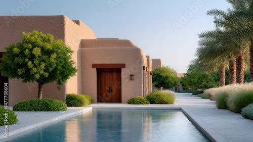 Serene poolside scene featuring palm trees and earthy architecture, inviting tranquility
