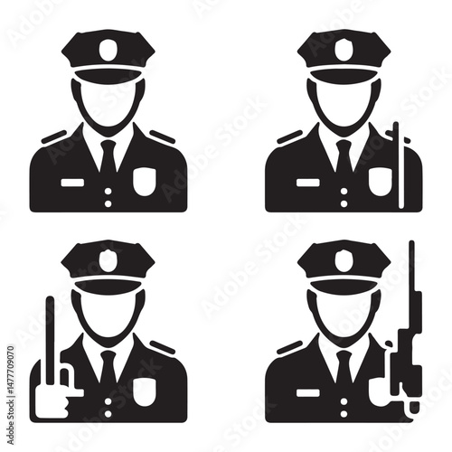 Set of Black Silhouettes of Police Officers – Uniformed Law Enforcement Figures for Security, Protection, and Safety
