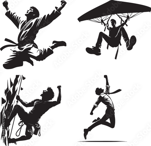 Four silhouettes of people doing different activities in black and white style art