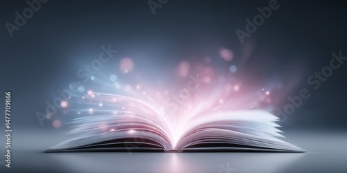Open book emitting pink and blue magical light on dark background. Intriguing and mystical digital art.