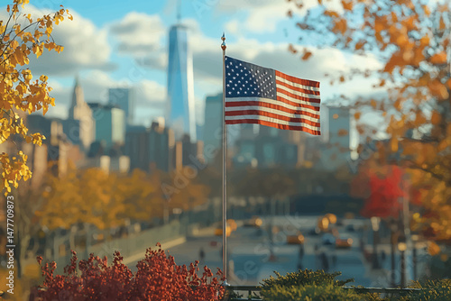American flag proudly waves with the New York City skyline softly blurred in the background
