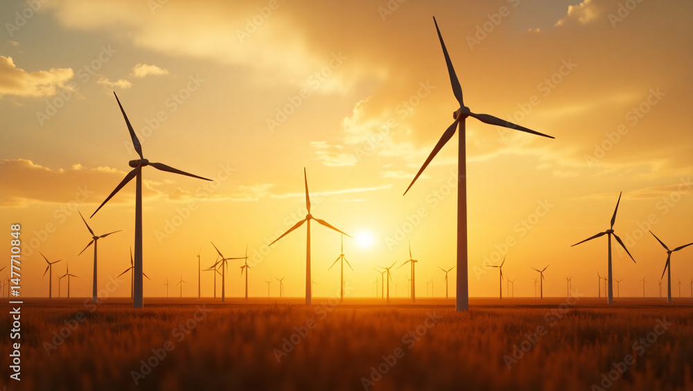 Obraz premium Wind turbines generating clean energy at sunset, showcasing a sustainable future