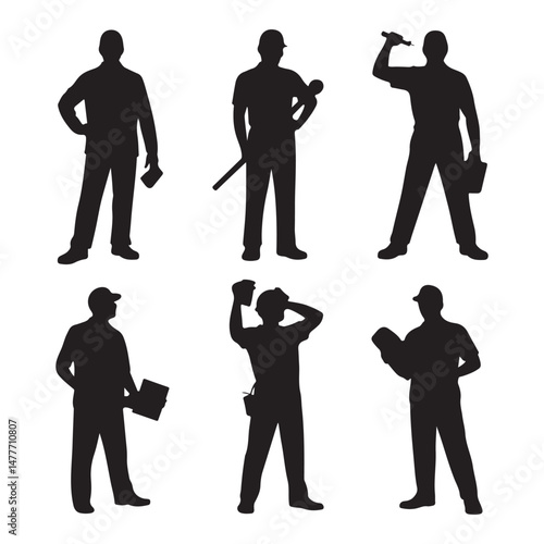 Silhouettes of Various Workers Holding Tools in Industrial Settings