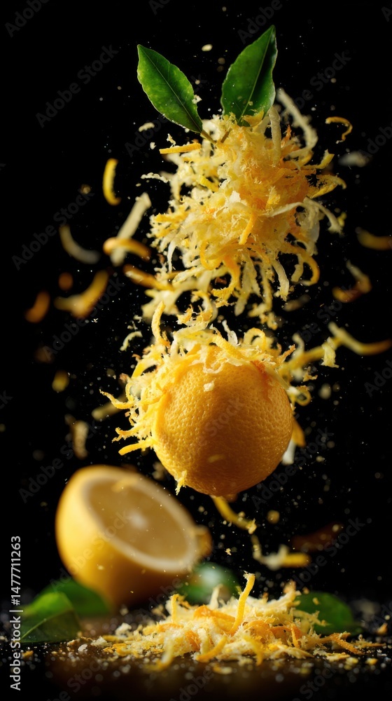 Lemon Zest Flying in Air over Wooden Surface on Dark Background
Lemon Zest Flying in Air over Wooden Surface on Dark Background