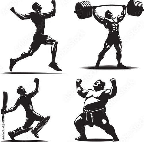 A collection of black and white vector illustrations depicting various sports figures