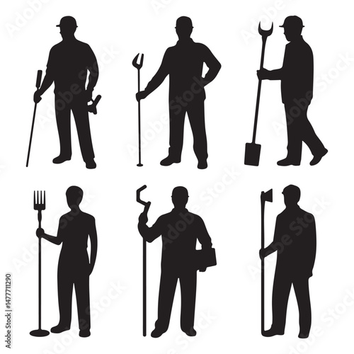 Silhouettes of Various Workers Holding Tools in Industrial Settings
