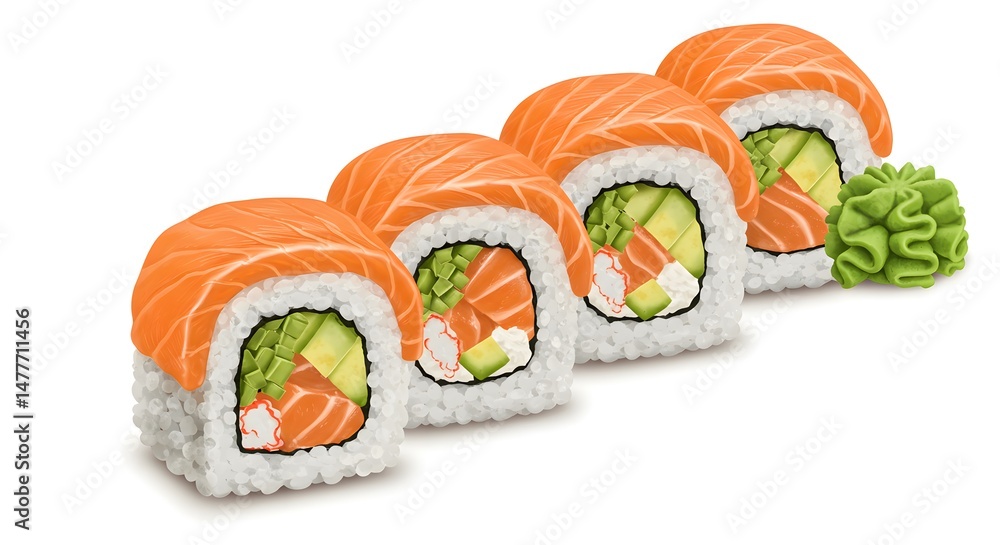 Sushi Rolls with Salmon Topping and Wasabi Side Dish Sushi Rolls with Salmon Topping and Wasabi Side Dish