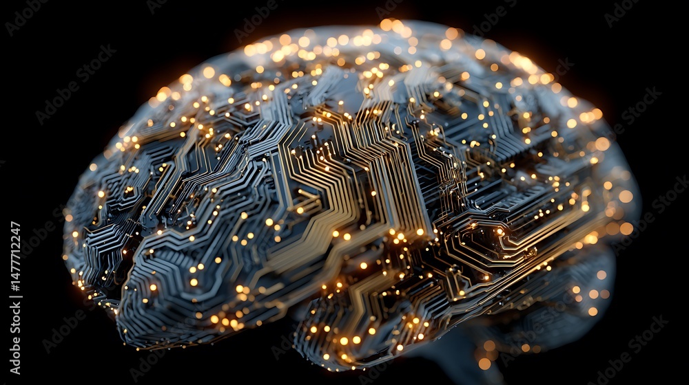 Fototapeta premium Illuminated, brain shaped circuit on black background