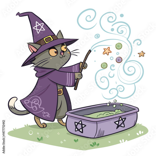 A whimsical illustration of a magical tabby cat levitating in a floating litter box, casting spells with tiny paws.  Focus on magical details.