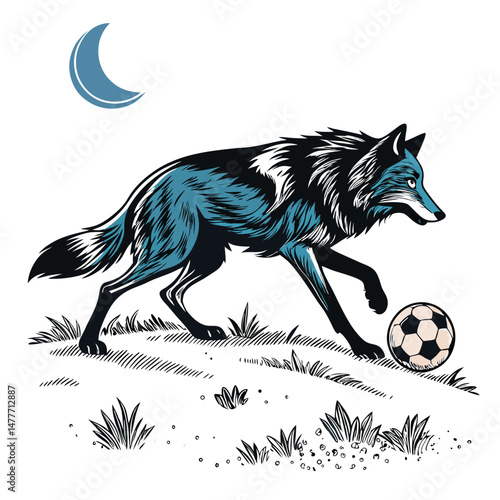 A majestic wolf, silhouetted against a moonlit field, expertly dribbles a soccer ball under a breathtaking blue night sky.
