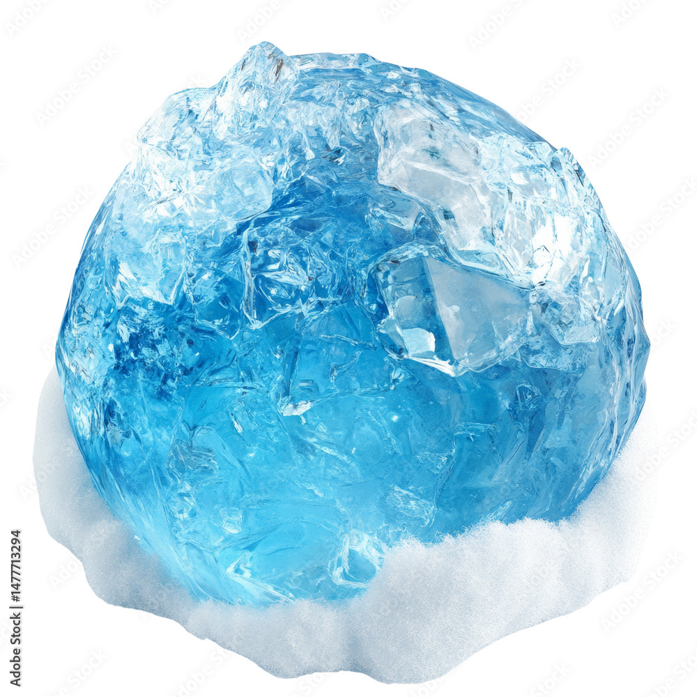 Fototapeta premium Icy sphere nestled in soft snow, an isolated glacial formation against transparent atmosphere