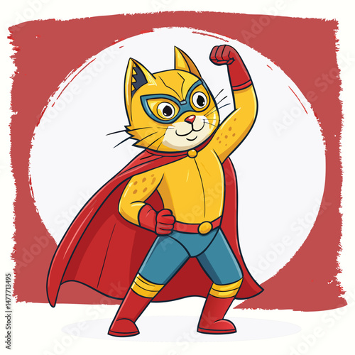 A powerful feline wrestler, masked and caped, striking a dynamic power pose.  Show rippling muscles and intense expression.