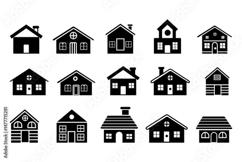 Set of house and home vector icons, including cottages, modern homes, and suburban houses