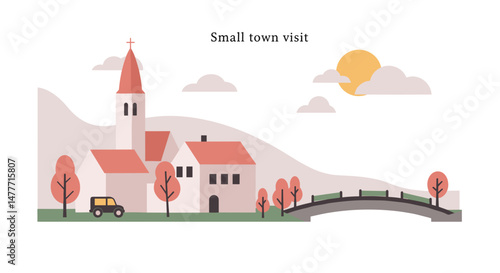 Small town visit featuring a colorful landscape with buildings and trees  