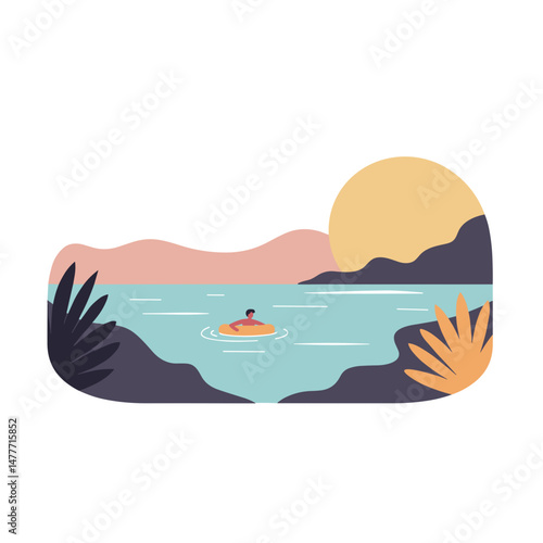 Person swimming in hidden lagoon during sunset with mountains  