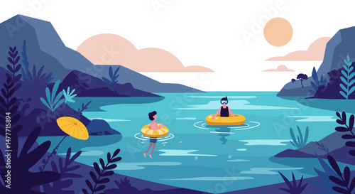 Swimming in a hidden lagoon with two people in colorful floats  