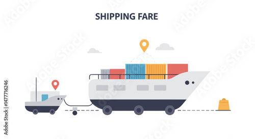 Shipping fare illustration with cargo ship and small boat in port  