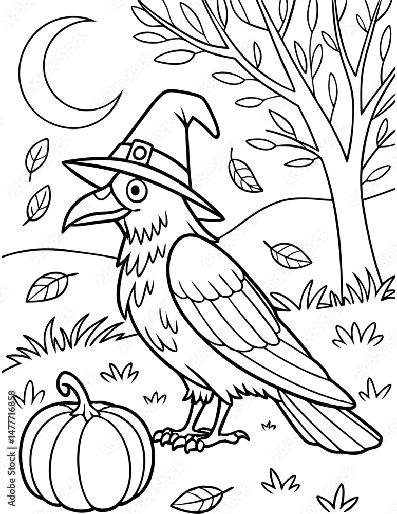 Cute ravens wearing witch hats outline cartoon illustration. Halloween coloring book page activity for kids and adults. Cute ravens wearing witch hats outline cartoon illustration. Halloween coloring book page activity for kids and adults.