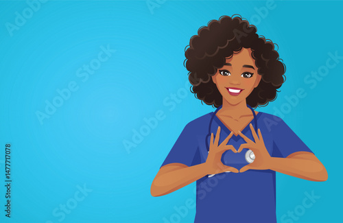 Young female nurse or doctor with stethoscope making heart shape with hands. Vector illustration on blue background