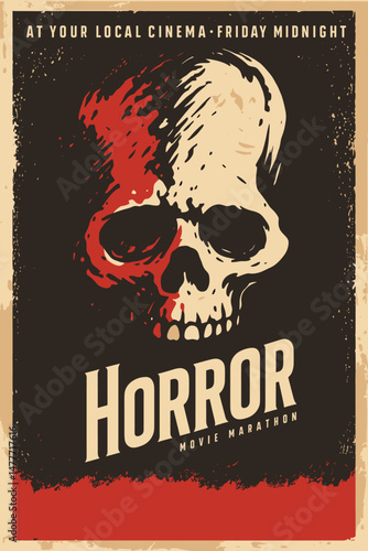 Retro Horror Movie Poster – Vintage Cinema Design with Skull Illustration on Dark Background