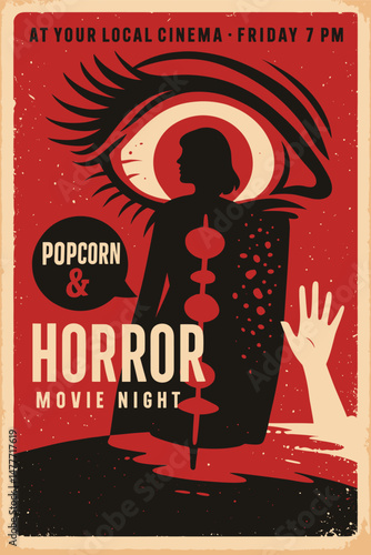 Horror Movie Poster Design – Scary Eye and Bloody Razor Blade Retro Illustration