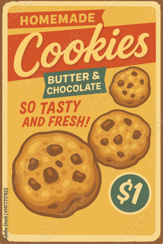 Retro Cookies Poster Design – Vintage Vector Illustration with Red Background