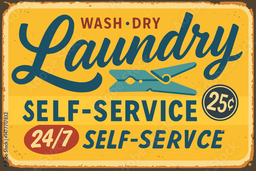 Vintage Laundry Room Sign – Retro Design with Clothespin on Rusty Background