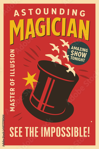Vintage Magic Performance Poster – Retro Flyer with Magician’s Cylinder Hat and White Birds on Old Paper Texture