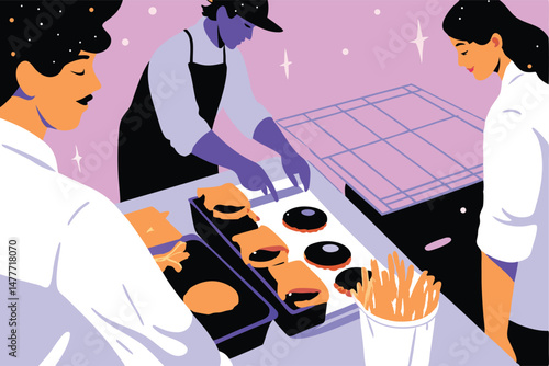 A bustling fast food restaurant kitchen; three workers efficiently assemble burgers, fries, and drinks.  Capture the speed and teamwork.
