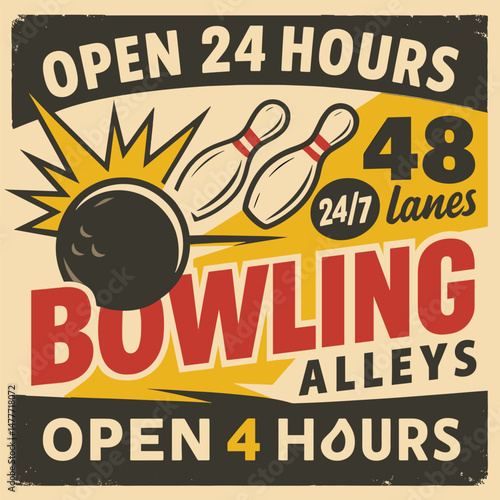 Retro Bowling Club Poster – Bowling Ball Strikes Skittles on Vintage Design