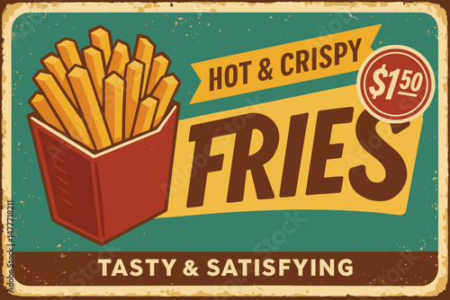 French Fries Vintage Sign – Fast Food Street Fries Retro Poster for Junk Food Restaurant Ad