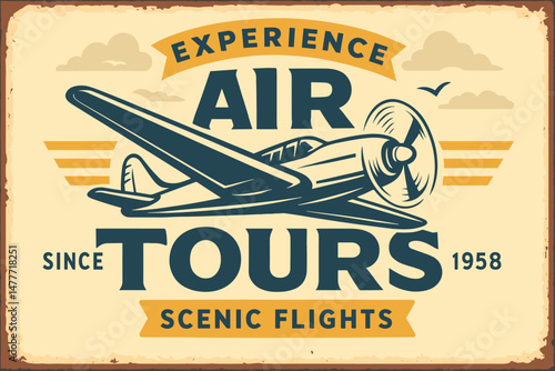 Vintage Air Transport Sign – Airplane, Clouds, and Earth Globe Travel Poster for Tours and Vacations