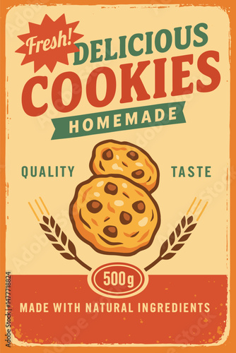 Retro Cookies Poster Design – Vintage Vector Illustration with Red Background