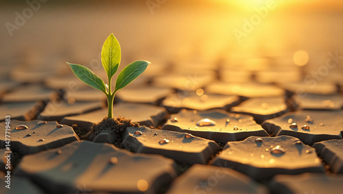 A solitary sprout emerges from cracked earth, bathed in golden sunlight, symbolizing hope and resilience.