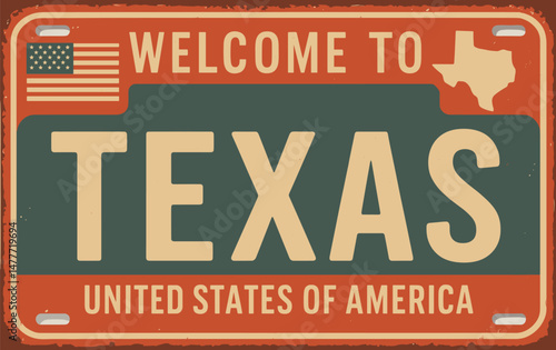 Retro Texas Sign Board With State Flag And Map Shape, Vintage Usa State Welcome Poster Template For Souvenirs And Greeting Cards