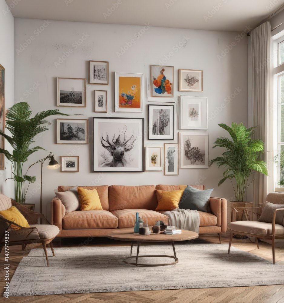 Fototapeta premium Bright living room, eclectic gallery wall, mixed media artwork, home decor, gallery wall