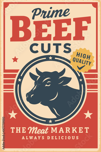 Premium Beef Cuts Promotional Poster With Bull Silhouette, Butchery Store Advertisement For Meat Lovers, Food Industry Vector Flyer Design