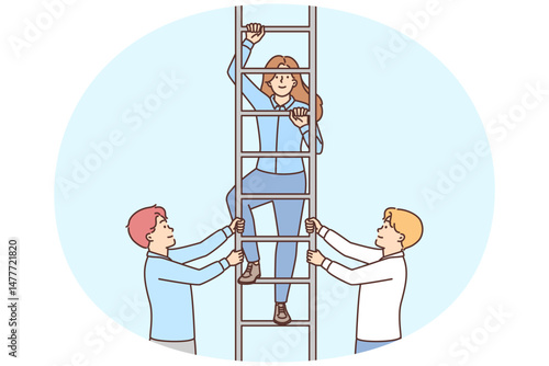 Two men hold ladder with girl for concept close-knit business team and career success