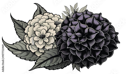 Floral elegance: A duo of exquisite blooms, the centerpiece is an elegantly detailed flower, offering a stunning representation of beauty. 