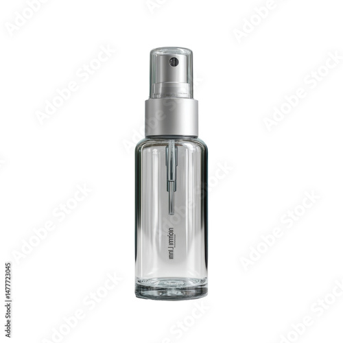 Mini disinfectant spray, ultra realistic uhd photo, on white plain isolated, top view, clear contours and boundaries, travel-size labeled bottle 