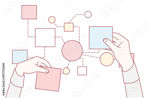 An illustration of hands arranging colorful shapes, symbolizing brainstorming and idea organization.