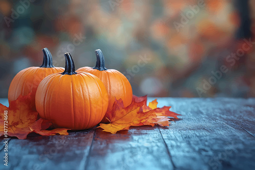 Autumn's vibrant essence Three pumpkins lie nestled among fiery maple leaves on weathered wood