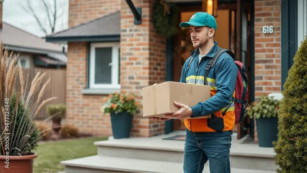 Delivery man brings package to house during the holiday season day Delivery man brings package to house during the holiday season day