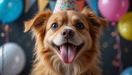 Happy birthday. Portrait of a Cute funny party dog .