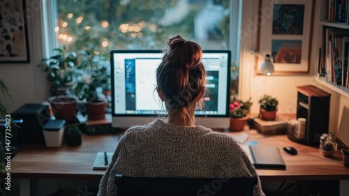 Wallpaper Mural Woman works on computer at cozy desk in home office surrounded by plants Torontodigital.ca