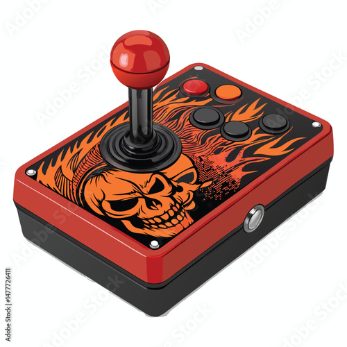 A fiercely detailed illustration of a battle-ready joystick, engulfed in flames, adorned with a skull motif, ready for virtual combat.