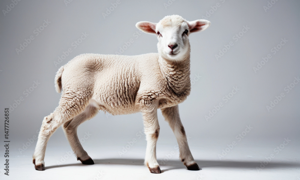 Obraz premium A small sheep standing on a white surface, perfect for use in illustrations or designs