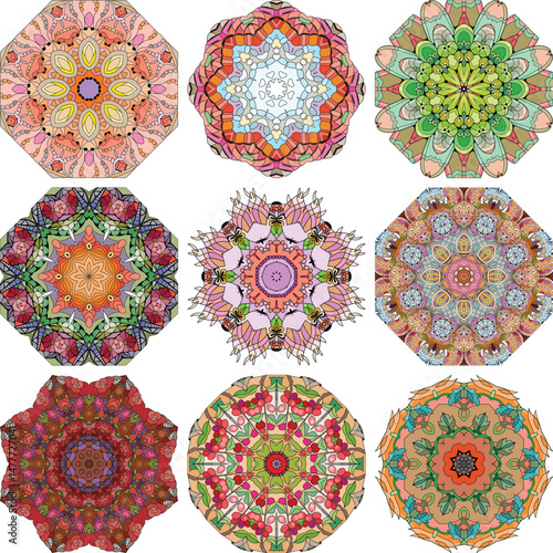 Set of colorful cute Mandalas. Decorative unusual round ornaments.