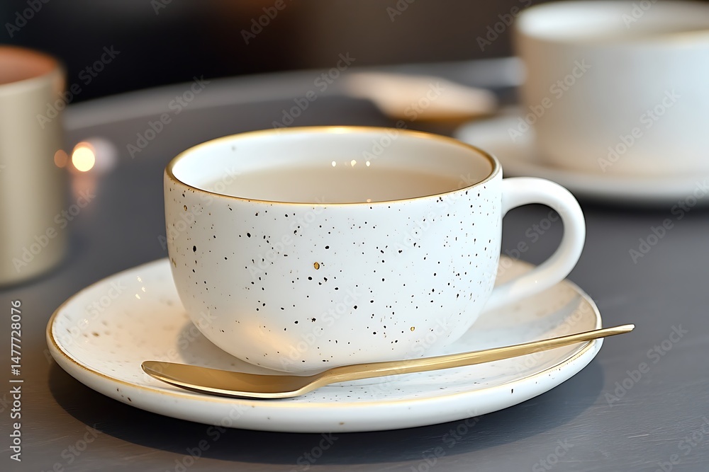 Fototapeta premium Stylish speckled white teacup and saucer set with elegant gold accents