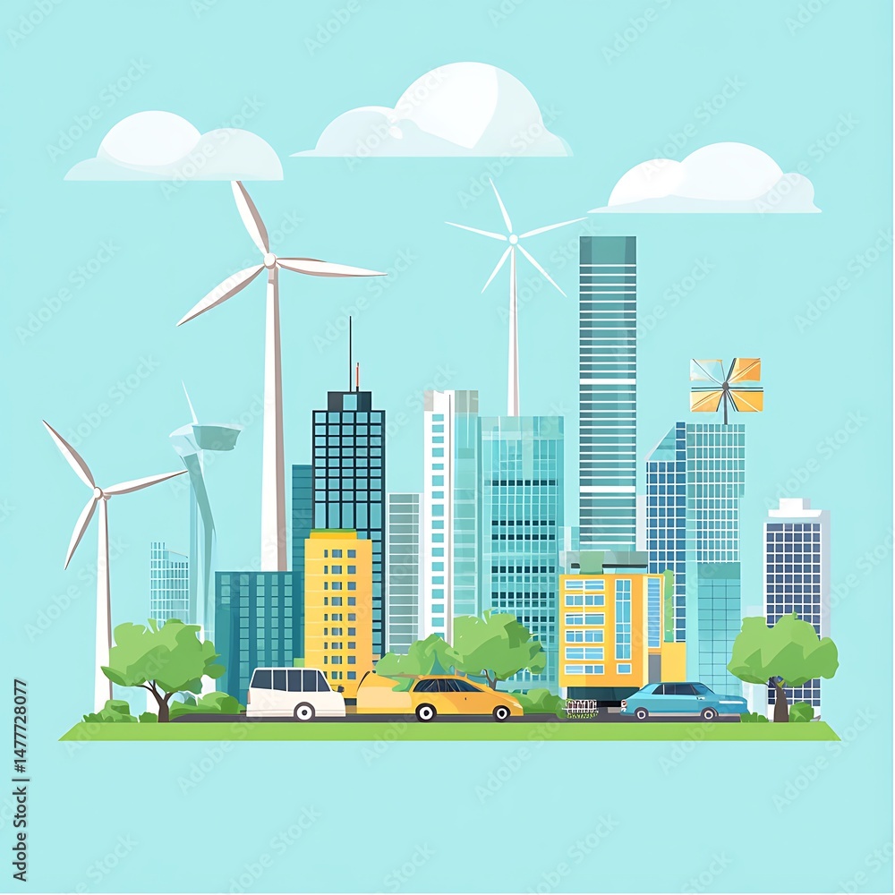 Obraz premium Eco-Friendly Cityscape: A vibrant illustration of a modern cityscape harmoniously blending skyscrapers, wind turbines, and lush greenery, symbolizing sustainable living and technological advancement.